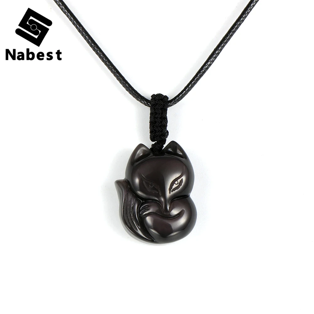 

Women Men Natural Ice Obsidian Fox Pendant Necklace Handmade Carved Gem Stone Animal Adjustable Rope Reiki Lucky Amulet Jewelry