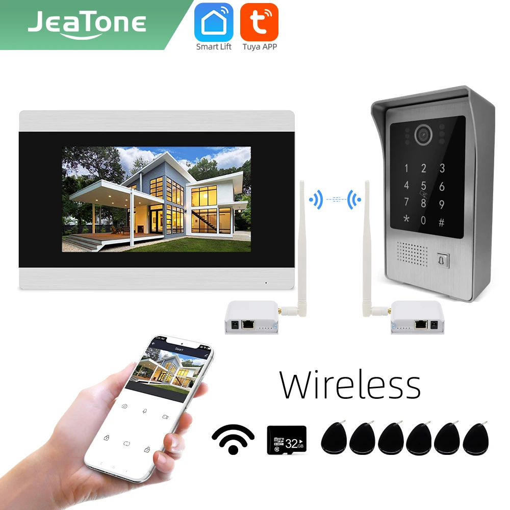 

Новейший Интеллектуальный 7-дюймовый Wi-Fi IP-видеодомофон jeatone Tuya, дверной звонок, камера, система звонков с беспроводным Wi-Fi мостовым Box87217
