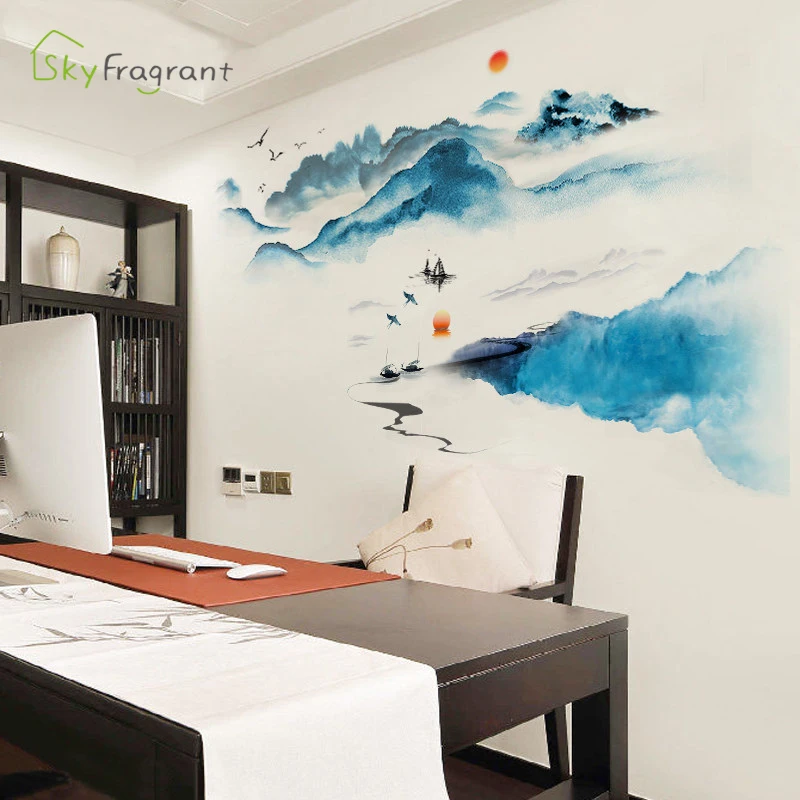 Пейзаж чернильная живопись стикер стены спальня прикроватный декор