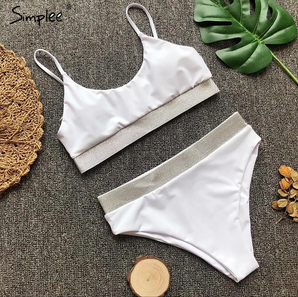 Simplee блестящие стринги Женский комплект бикини купальный костюм с пуш ап высокая