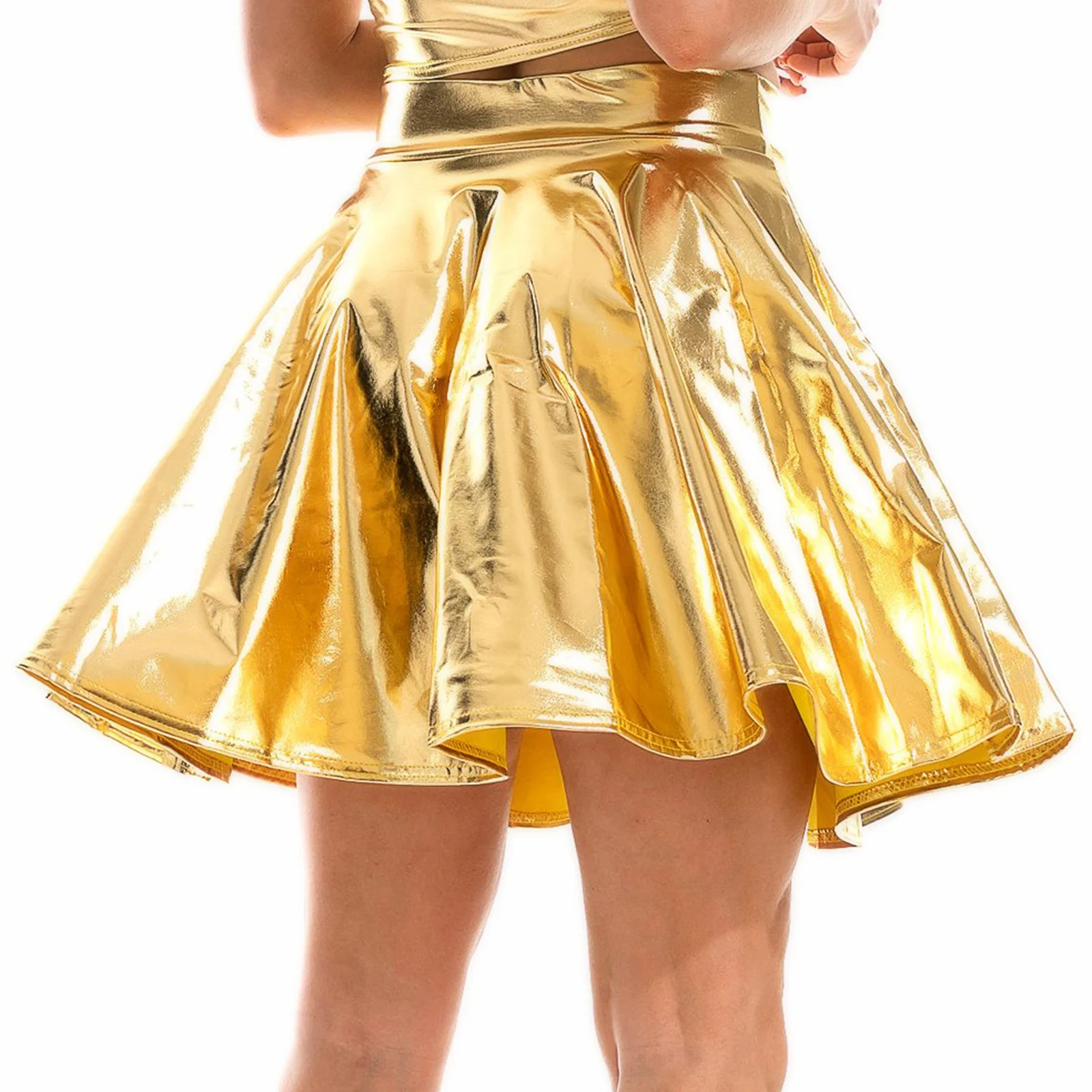 

Womens Metallic Glossy Miniskirts High Waist Flare Pleated Skirt Rave Dance Party Shiny Skirts Sexy Dancewear Club Stage Costume