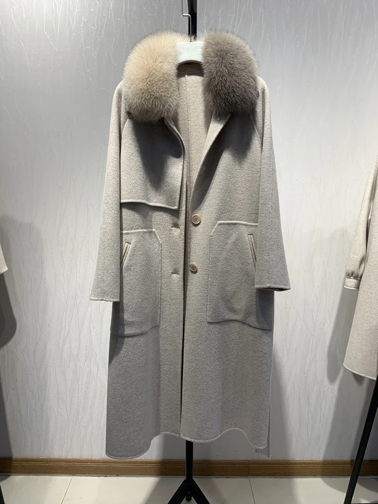 dark beige OFTBUY пальто с натуральным мехом зимняя куртка женская с воротником из натурального Лисьего меха шерсть смешанная Длинная Верхняя одежда с поясом Женская Уличная Повседневная - Цвет: dark beige
