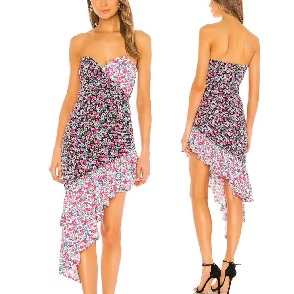 

New Design Best Price OEM Accept Strapless Ruffled Hem Mixed Floral Sexy Dresses Women Factory in China