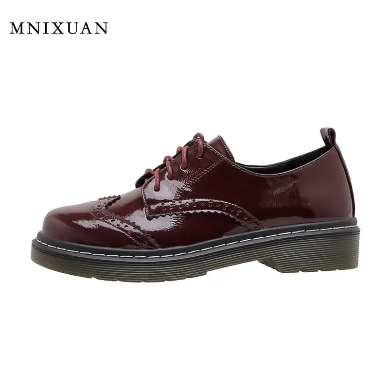 

MNIXUAN Comfortable women casual shoes flats platform Oxford shoes 2020 new round toe lace up patent leather student shoes black