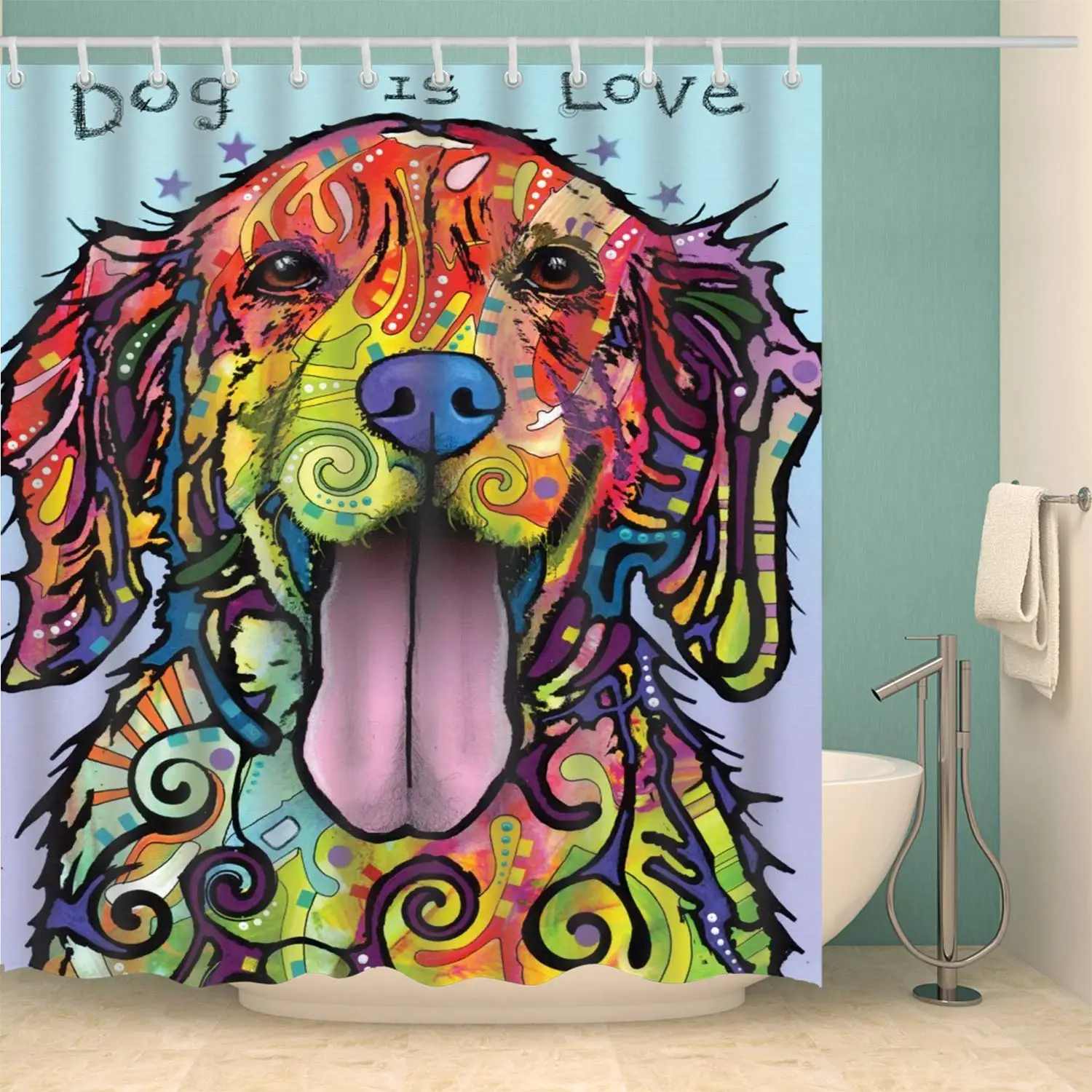

3D print design bathroom colorful cartoon dog shower curtain with hook