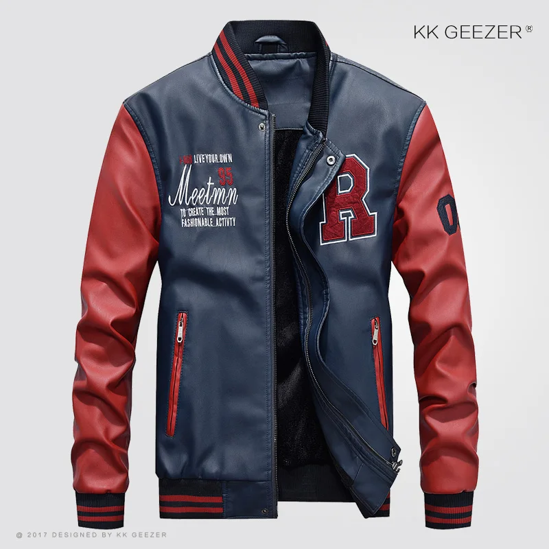 7701 Royal blue Мужская кожаная куртка-бомбер Черная роскошная приталенная уличная марка для мотоциклов Большие размеры Пальто Весна Осень года Повседневная водонепроницаемая флисовая ветровка Водонепроницаемая схема столкновения - Цвет: 7701 Royal blue