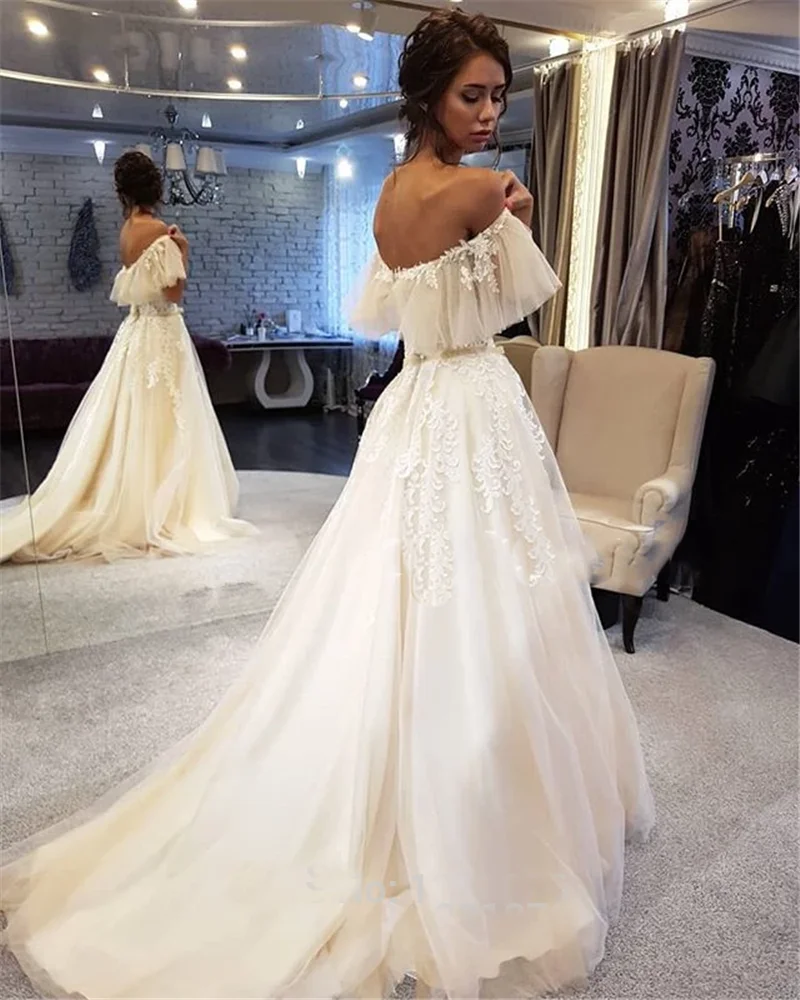 Длинное свадебное платье vestido de novia кружевное трапециевидной формы с открытыми