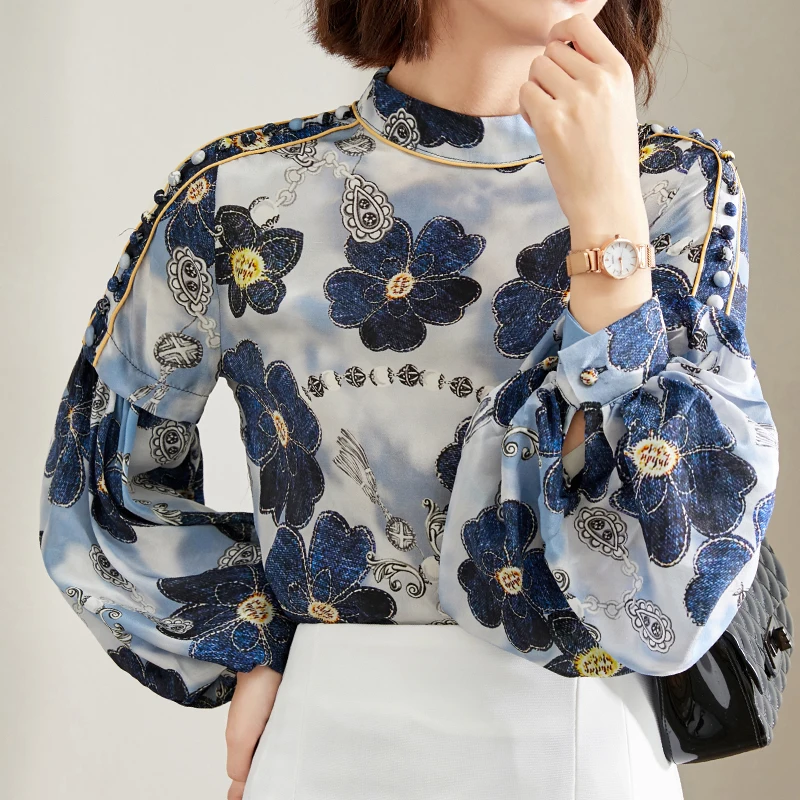 

QOERLIN Lantern Sleeve Loose Knitted Long Shirt Elegant Women's Blouses Fashion Stretch Floral Printed Bohemian Shirt Female