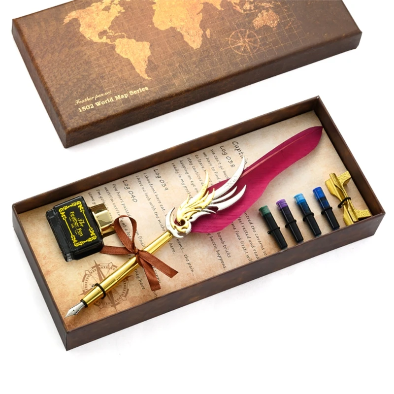

Feather Pen Antique Writing Pen Handcrafted Retro Quill Pen Set Writing Quill Dip Pen w/ 4 Ink Sacs Pen Base Ink Bottle