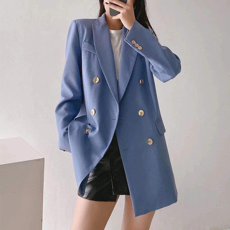 

Женский двубортный Блейзер WXWT Za, голубой винтажный пиджак с английским воротником и длинным рукавом, Деловые женские пальто, однотонные Топ...