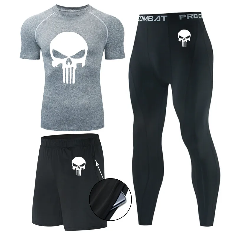 

Men's sports suit Taekwondo training pants fitness T-shirt splicing print suit long shorts mix suit tights fitness boxing suit