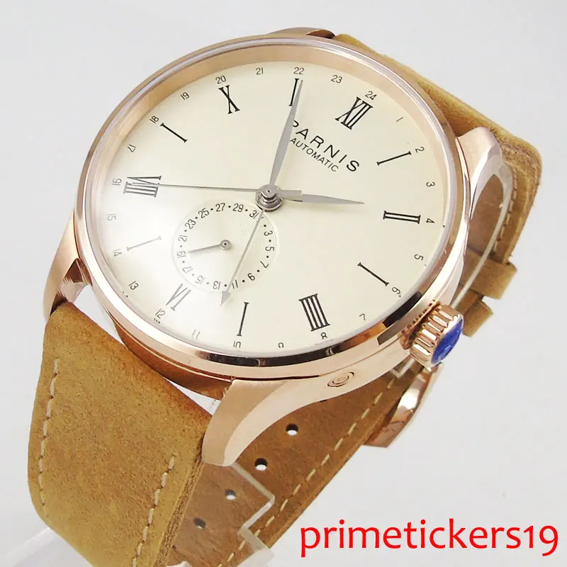 Бежевый циферблат роскошный автоматический механизм 42 мм Parnis розовый золотой