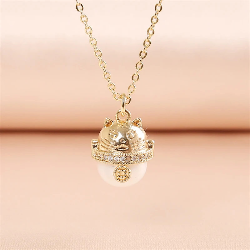 WeSparking EMO Pusheen Pendant Necklace For Women 14K Gold Plated Pearl Zircon Lucky Cat Charm Impact Jewelry Free Shipping