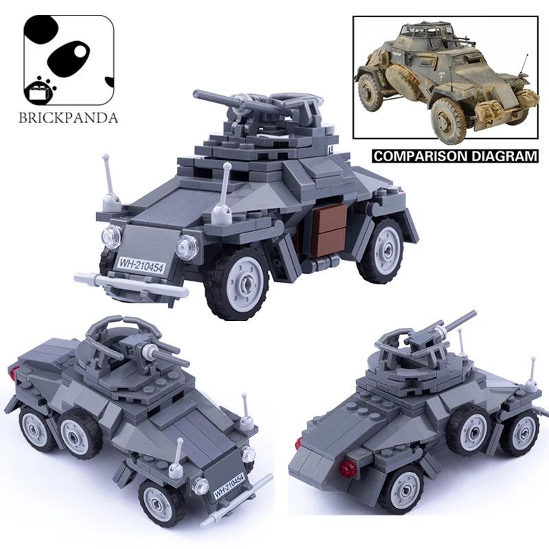 

BRICKPANDA Military SD.KFZ 221 Armored Car Building Blocks WW2 German Soldiers Figures Military Tank Vehicle Weapons Mini Bricks