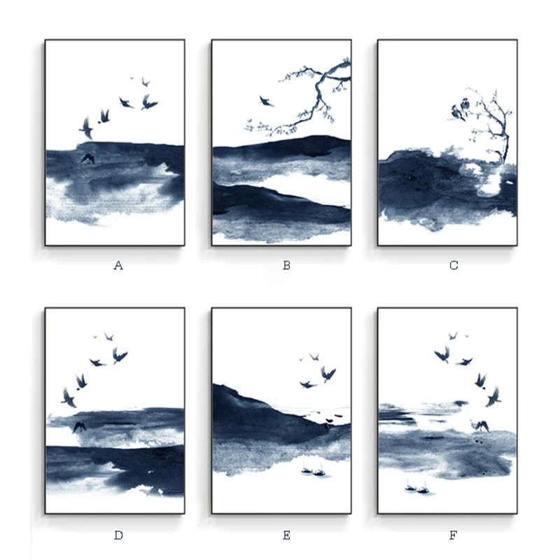 

New Chinese Style Abstract Ink Landscape Canvas Painting Blue Poster Flying Birds Print Wall Art Pictures for Living Room Decor