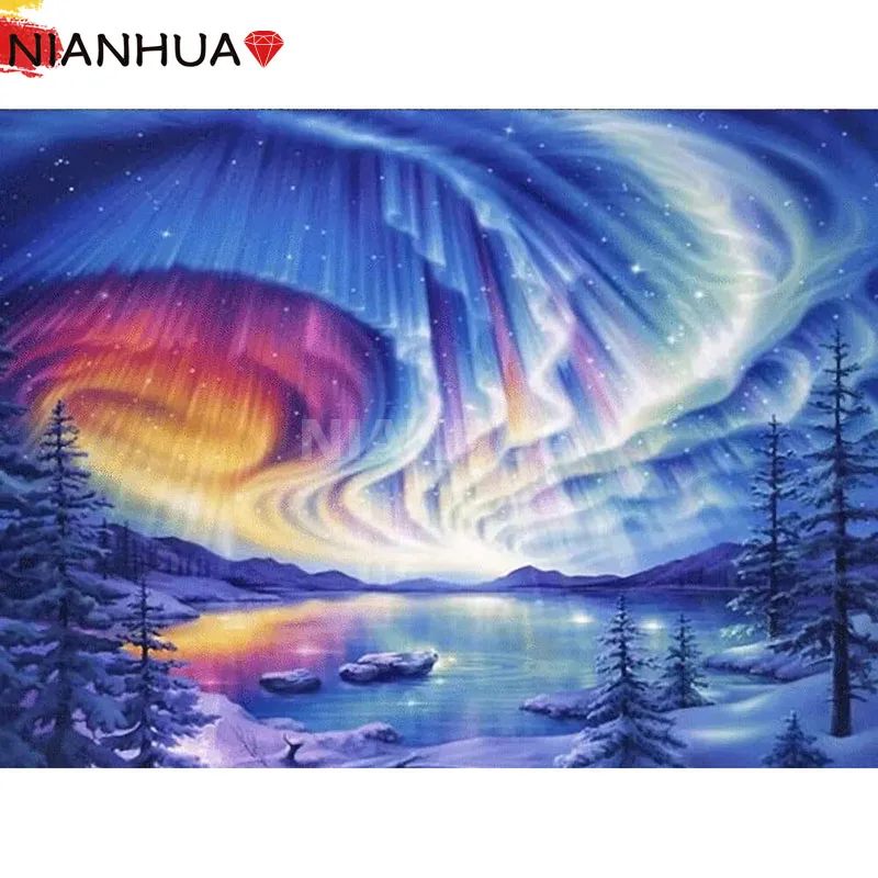 

Diamond Painting Landscape Northern Lights Colorful 5D DIY Square Round Embroidery Hand Mosaic Kit Photo Mural Decoration