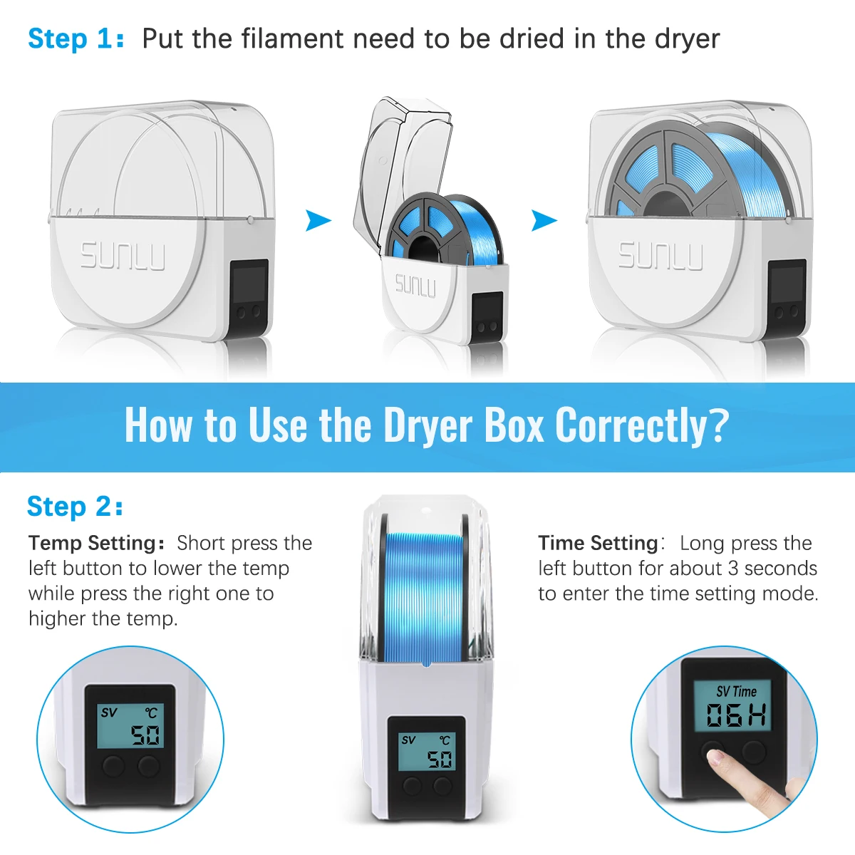 

SUNLU 3D Filament Dryer Box Keeping Plastic Dry Material Storage LCD Monitor Timing function Temp Adjustable FilaDryer S1