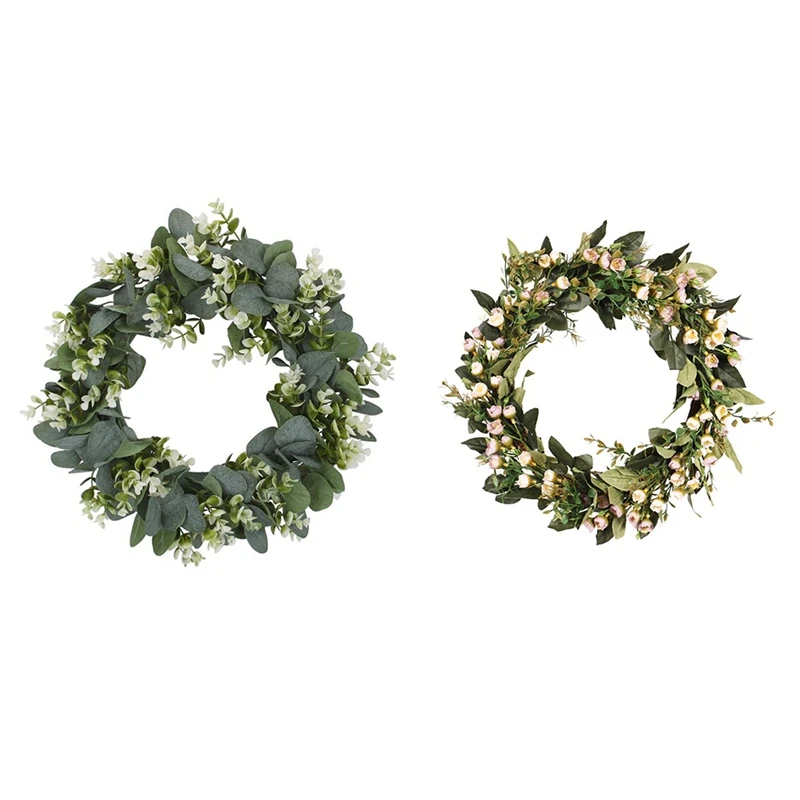 

2 шт. имитация эвкалипта Венок с цветами подходит для украшения передней двери 42 см и 40 см