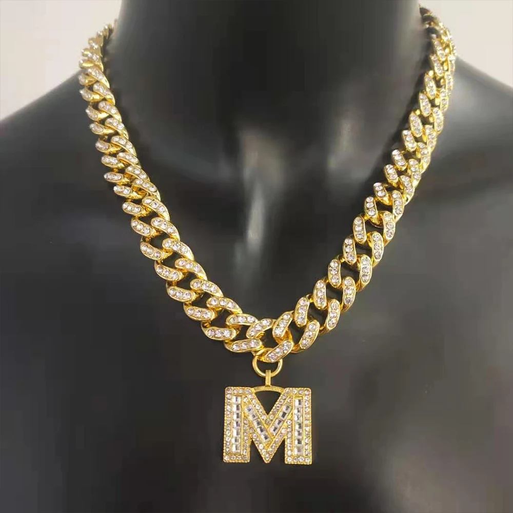 

Bling Hip Hop 26 Baguette Letter Necklace Stainless Steel for Women Thick Miami Cuban Link Chain Men Iced Out Choker Necklace