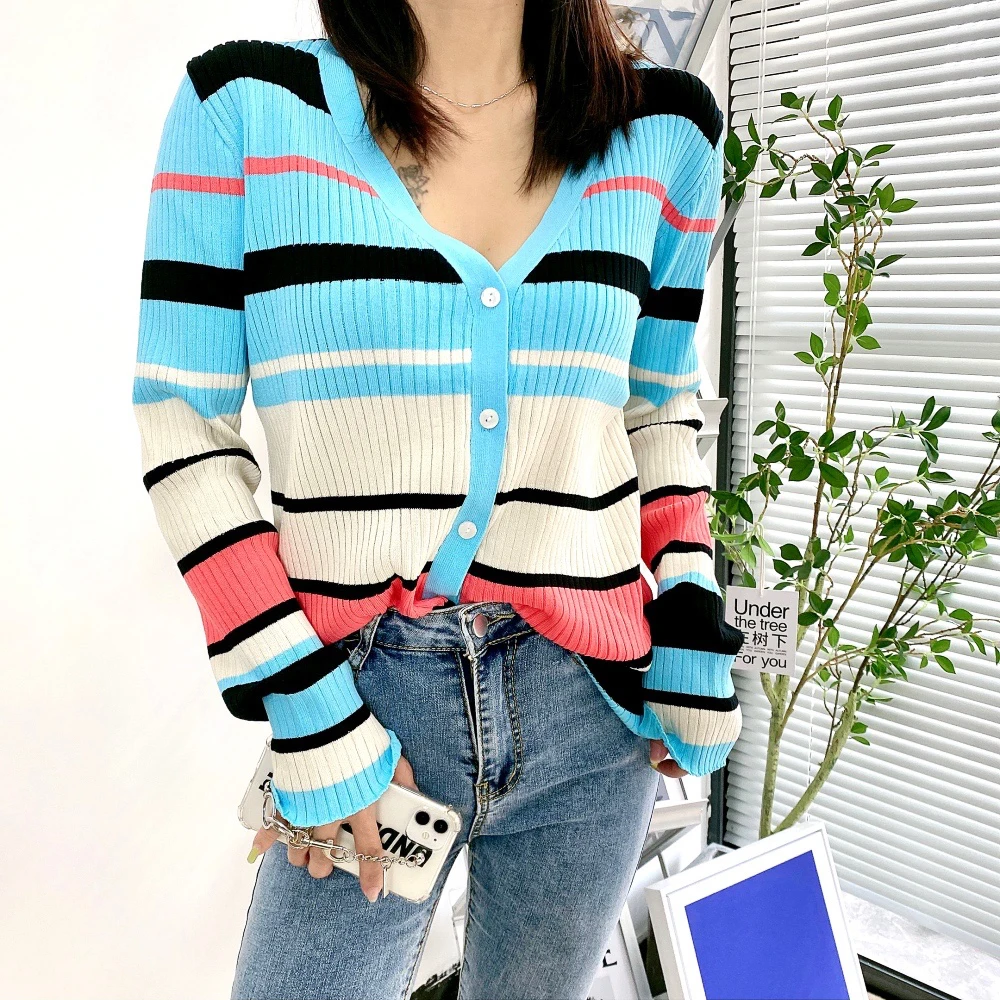 

Striped Sweaters Women Casual Cardigan V Neck Long Sleeve Tops Female Knitted Sweaters Thin Korean 2021 Autumn