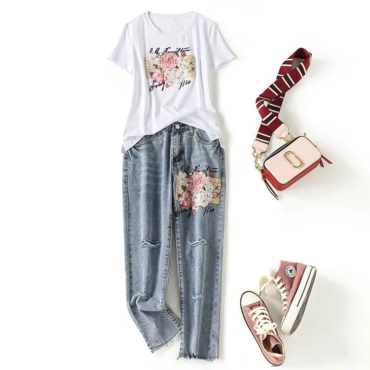 

Women casual jeans pants suits spring summer 2021 new girls cute diamonds beading graphic t-shirts two piece sets