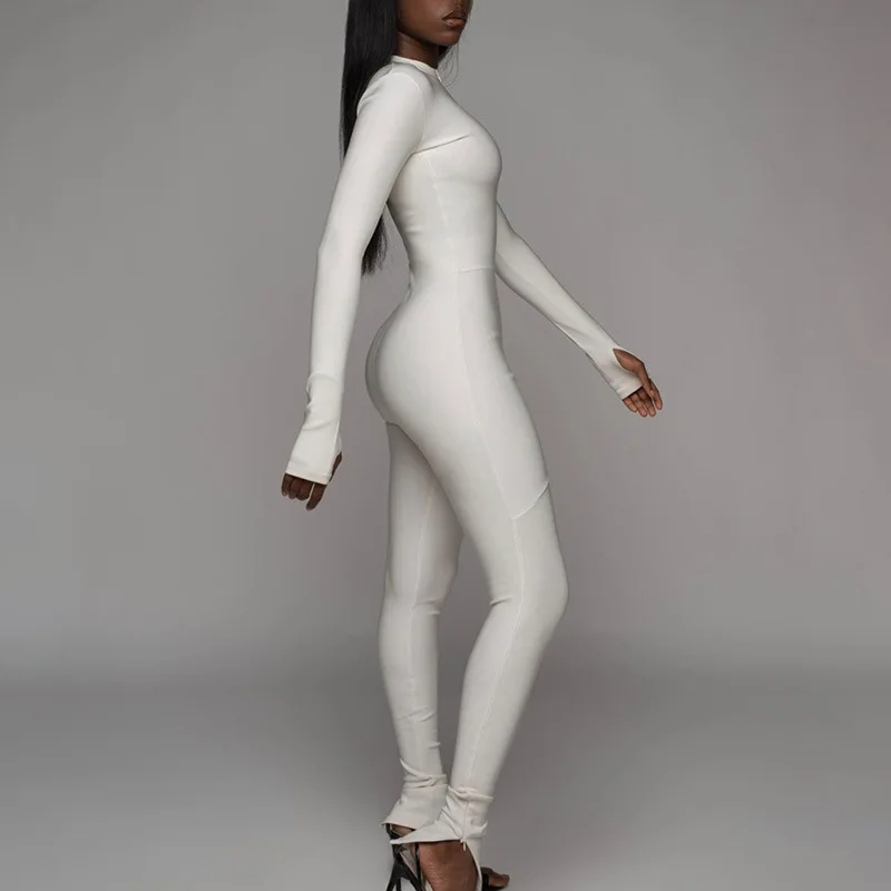 2021 Spring Women's New High Waist Zipper Slim Sports Jogger White Jumpsuit Sexy Bodysuit Lounge Wear Bodycon Jumpsuit
