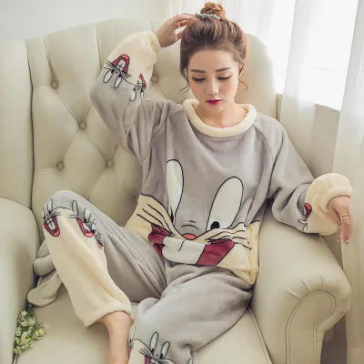 

new Winter Flannel warm pajamas korean kawaii cartoon Pajama Set Fashion pijama mujer Leisure Home Cloth pyjamas women Sleepwear