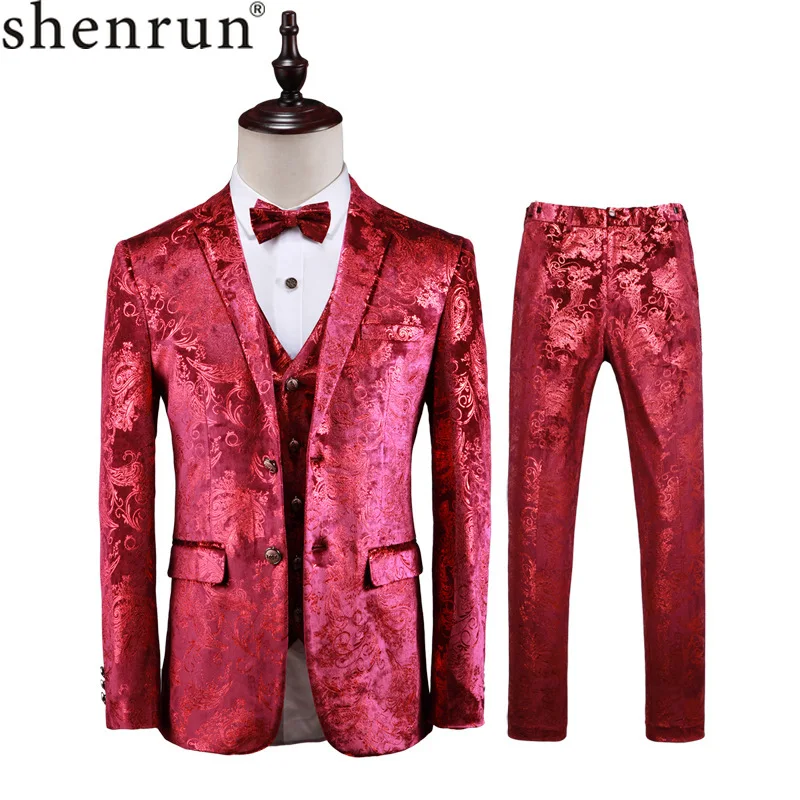 Shenrun Мужской Красный Пейсли костюм из 3 предметов смокинг жениха свадьба
