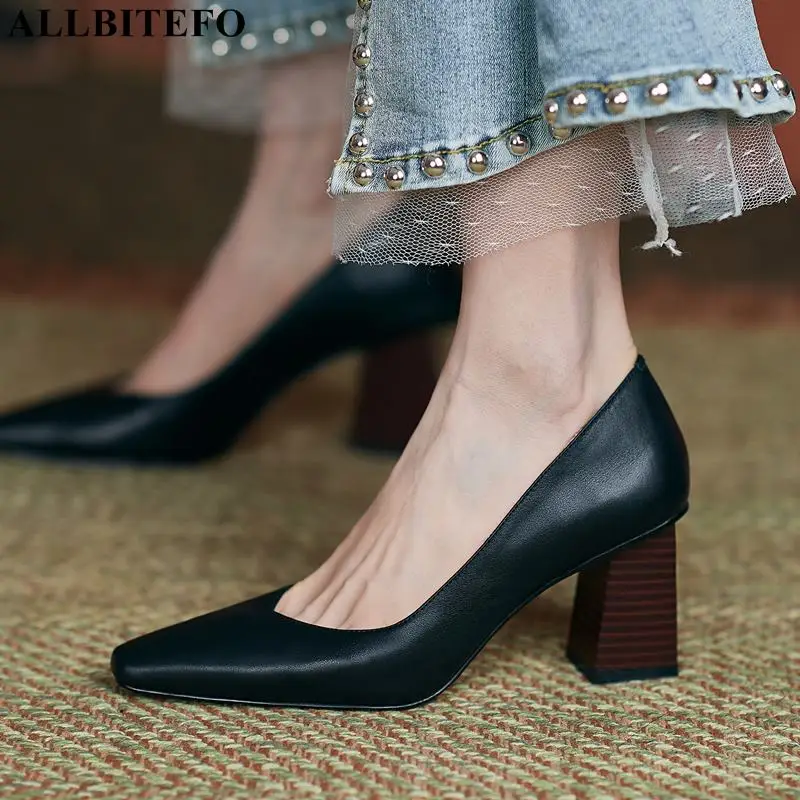 

ALLBITEFO thick heel soft genuine leather women heels shoes comfortable fashion White nude girls high heel shoes high heels