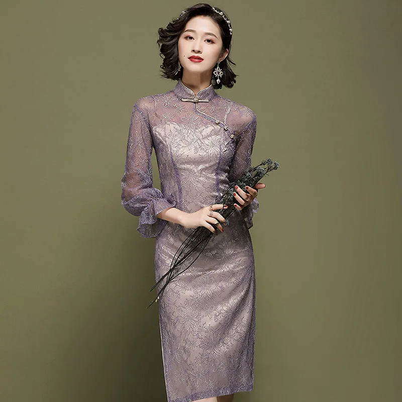 

Cheongsam Young 2021 New Lace Retro Daily Thinner Improved Mid-length Dress Oriental Dress Chinese Traditional Dress