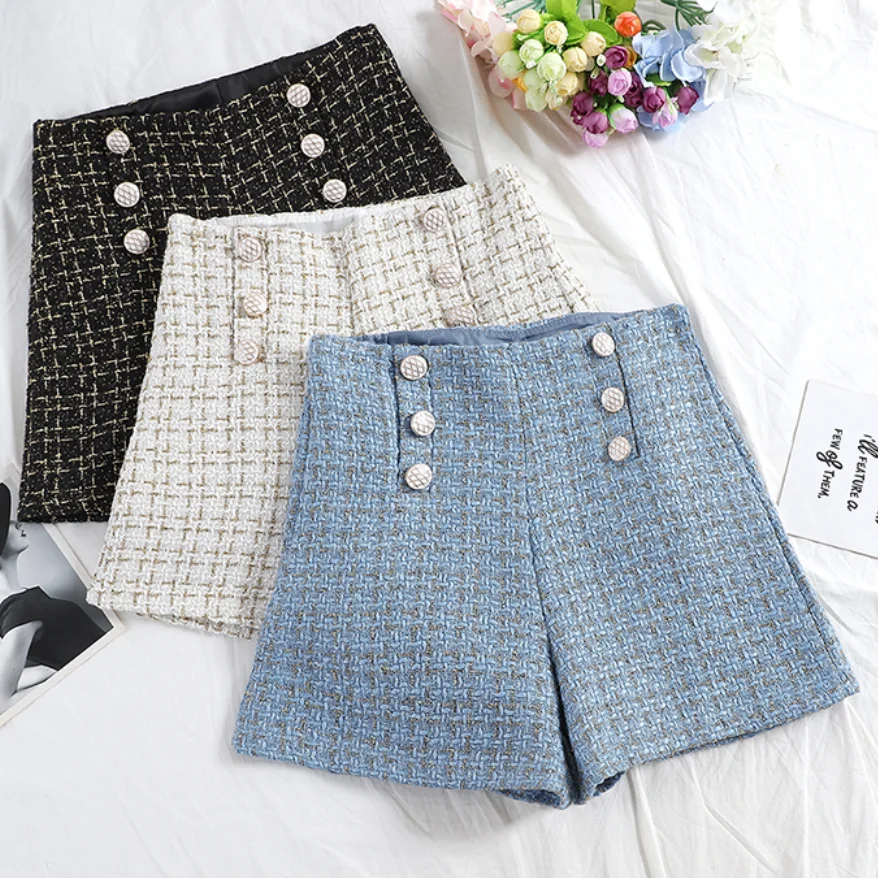 Women Tweed Shorts Spring Autumn double breasted small fragrance Shorts Retro High Waist Wide Leg Shorts