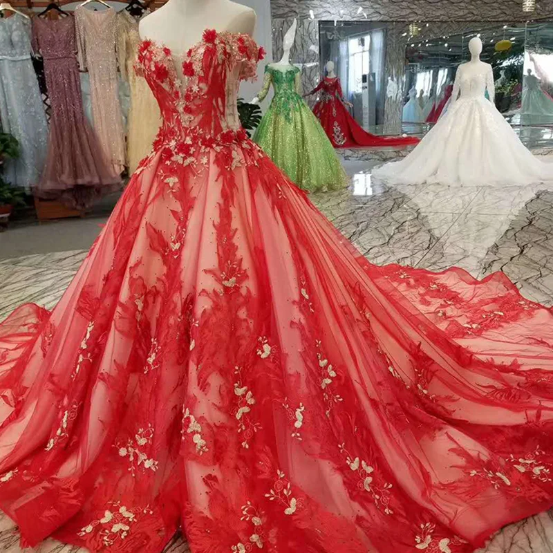 LSS138 bridal wedding party dresses red off the shoulder sweetheart evening long with train celebration | Свадьбы и торжества