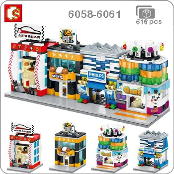 6058-6061 Sembo Mini City Street, кофейная пицца, хижина, магазин, ресторан, Китай, городской набор, 3D модель, блоки, строительные игрушки для детей, без коробки - Цвет: 6058-6061