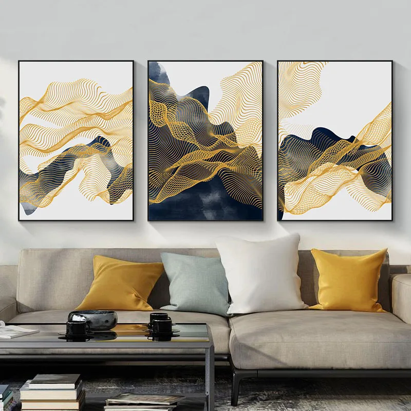 Абстрактная живопись Золотая линия скандинавский настенный постер на холсте