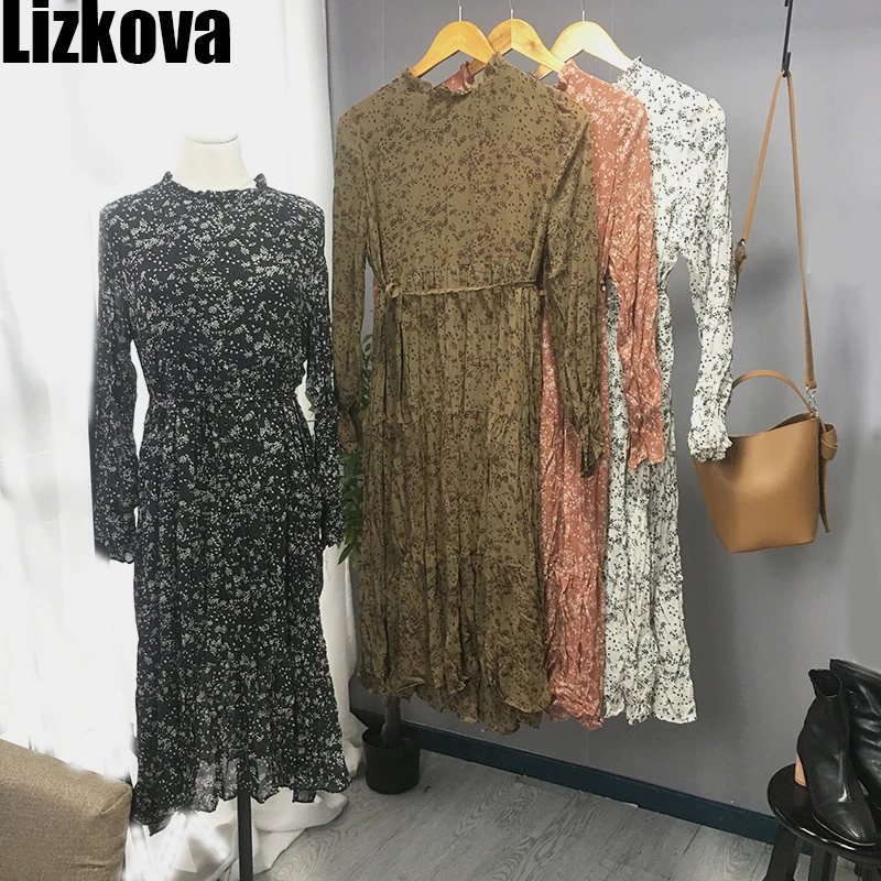 Весеннее шифоновое платье женское черное Цветочное с длинным рукавом корейское