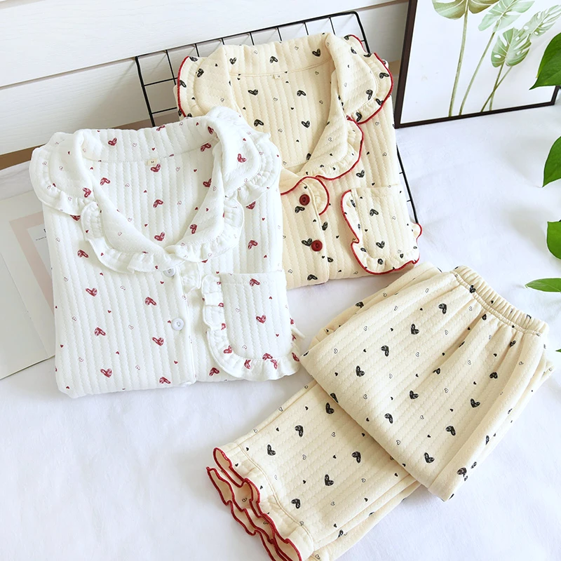 

Autumn Winter Cute Pajamas Set Home Clothes Sleepwear Thicken Warm Cotton Female Tops+Pants Pijama Suit Pyjama Femme Loungewear