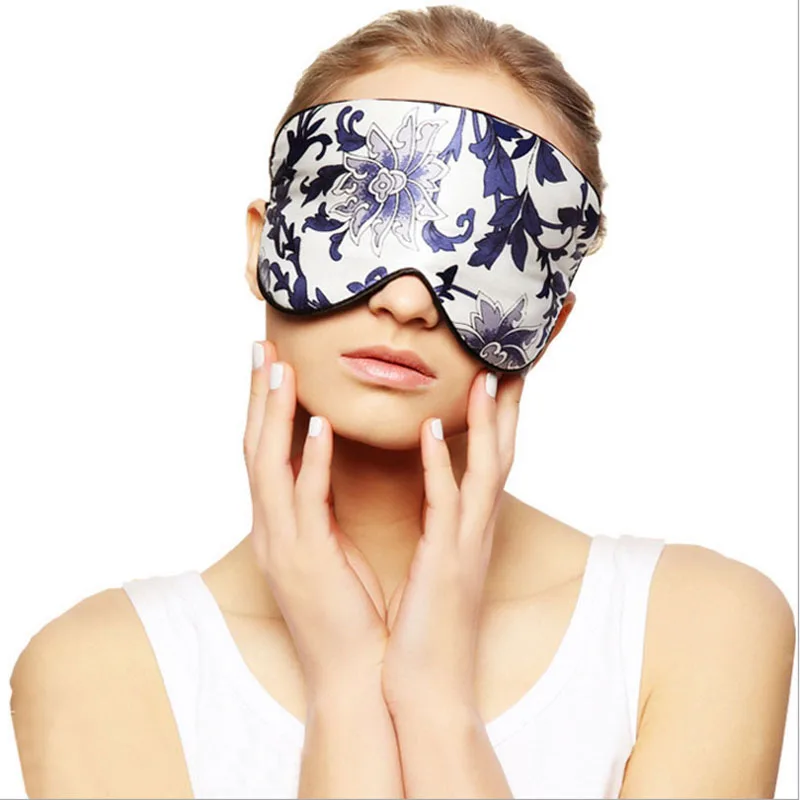 Blue and white Upscale Silk Portable Travel Sleep Eye Mask Rest Aid  Soft Cover Eye Patch Eyeshade Sleeping Mask Case MR097