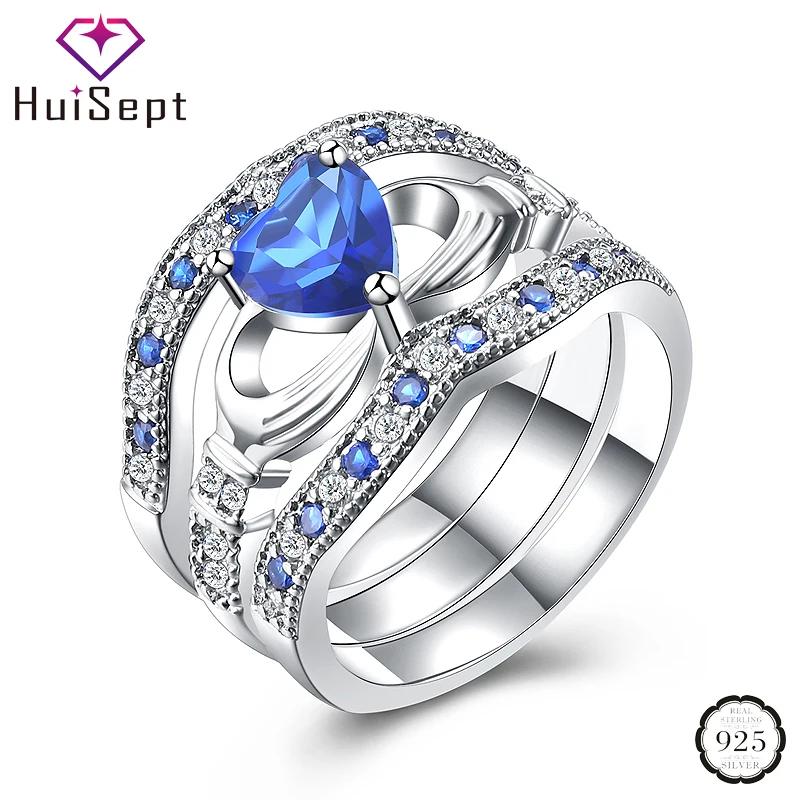 

HuiSept 3 IN 1 Women Ring Silver 925 Jewelry Heart-shaped Sapphire Zircon Gemstones Ornaments Rings for Wedding Party Wholesale