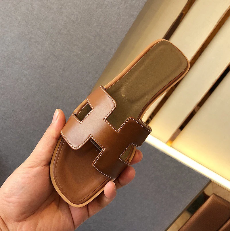 

Brand Designer Shoes Genuine Leather Square Toe Summer Slippers Outdoor Sandalias Beach Luxury Slippers Plus Size 43