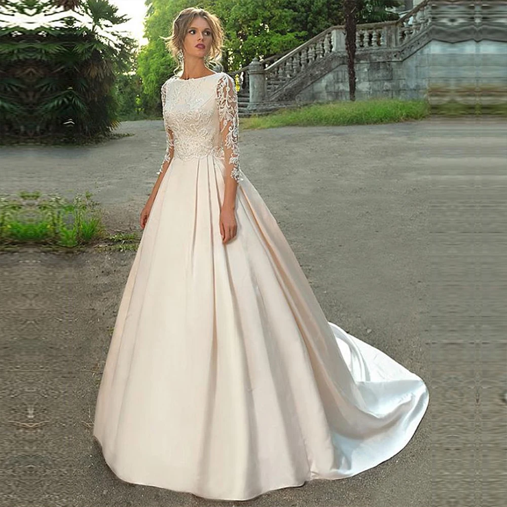 

2021 Long Sleeve Wedding Dress A-line Lace Appliques Satin Bridal Dress With Beaded Princess Wedding Dress vestido de noiva