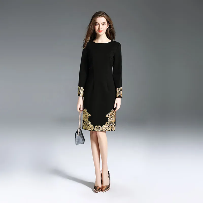 

High-end Boutique Women Europe and the United States Spring and Autumn New Long-sleeved Fashion Embroidery Black Dress