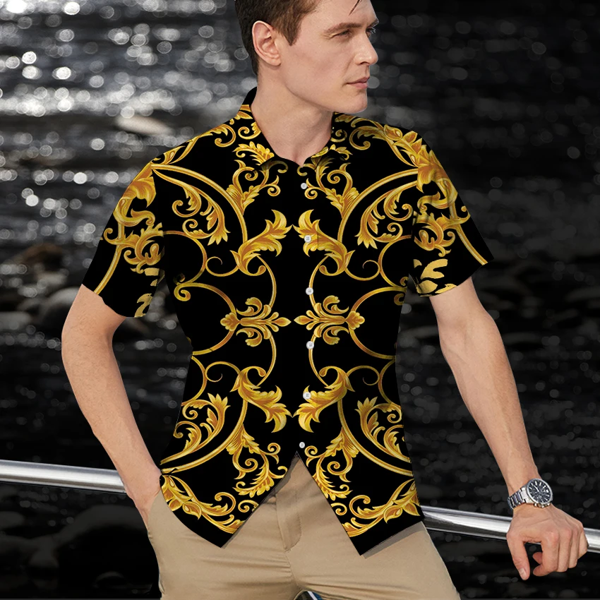 

2021 fashion golden classical pattern men's shirt summer casual short sleeve Tops 3d digital printing shirts short-sleeved shirt