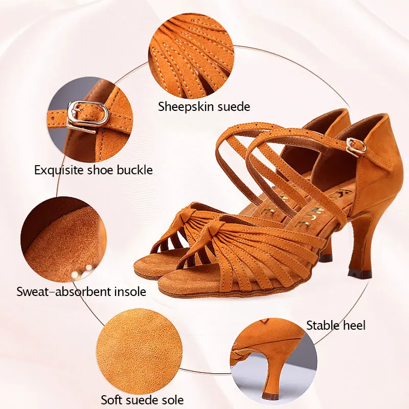 New Red Latin Dance Shoes for Women Sheepskin Suede Salsa Jazz Dance Shoes Soft High Heel 7.5cm Professional Ballroom Tango Shoe