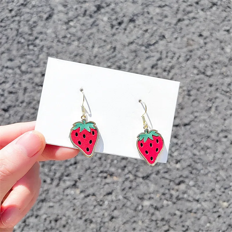 Cpop Handmade Leather Earrings for Women Gold Red Strawberry Pendant Fashion Female Jewelry Accessories Hot Sale Gift | Украшения и