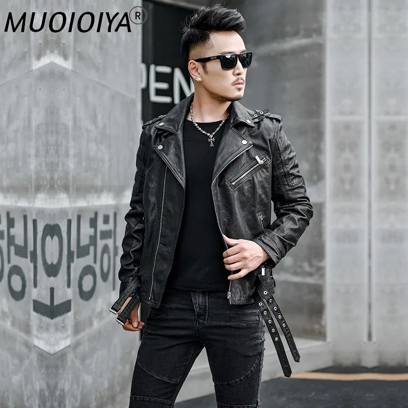 

Бесплатная доставка. 2021 Модная тонкая дубленая овчина куртка. Мужское пальто из натуральной кожи. Прямые поставки. Черная крутая короткая к...