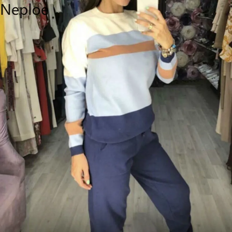 Neploe Conjuntos De Mujer Black Srtiped Short Kitt Sweater + High Waist Soild Pants Loose Slim Autumn Winter Women Set 46507 | Женская