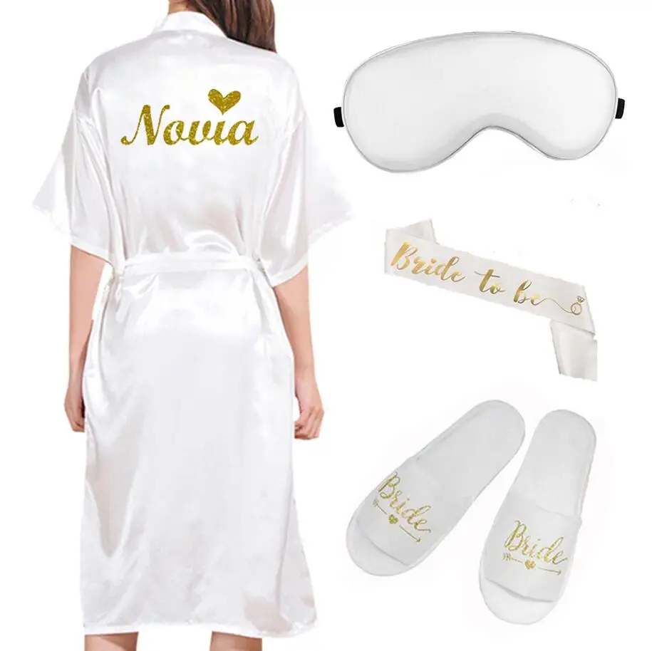 4 шт. комплект свадебного халата eyemask тапочки sash кимоно для невесты Свадебный