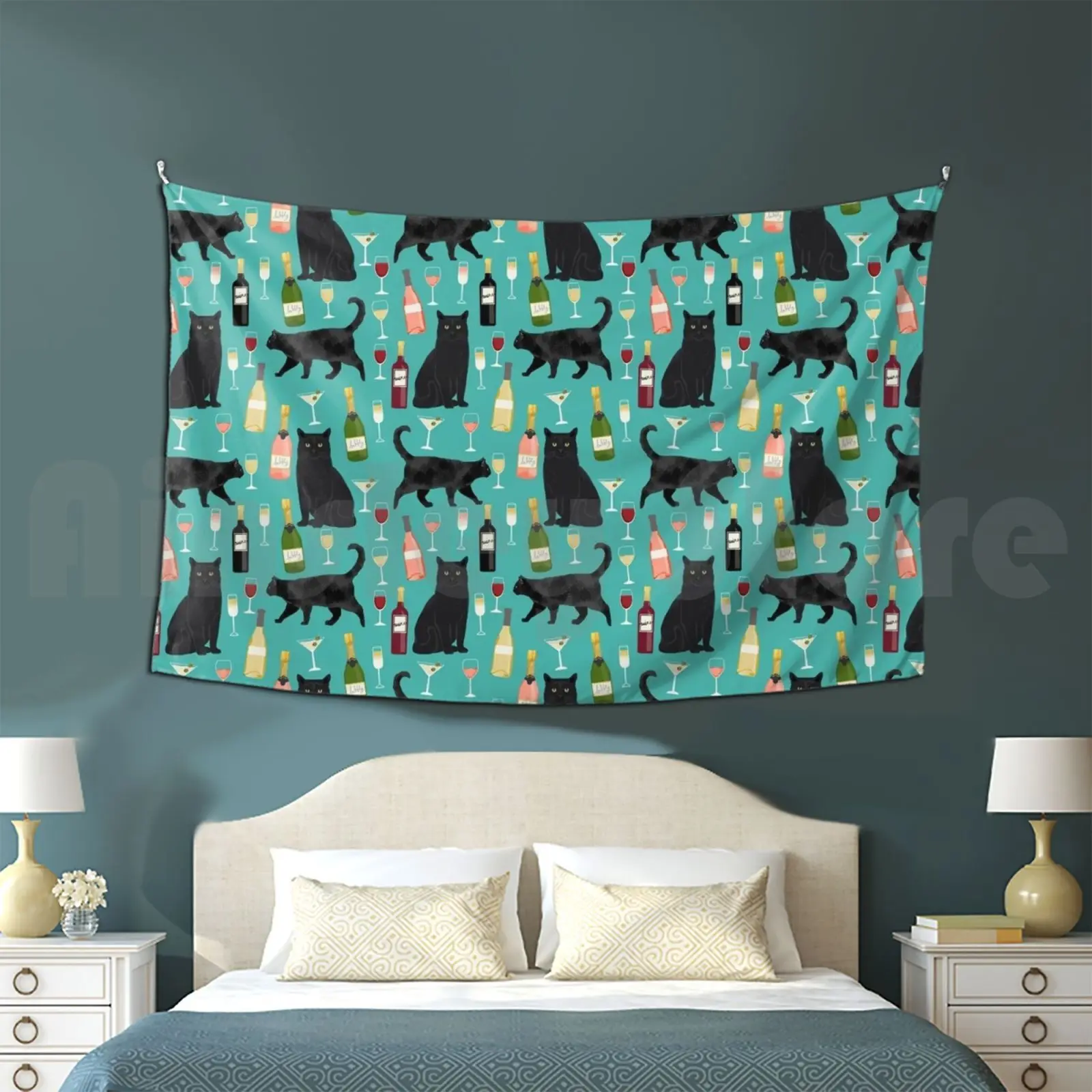 

Black Cat Wine Champagne Cocktails Cat Breeds Cat Lover Pattern Art Print By Petfriendly Tapestry Living Room Bedroom