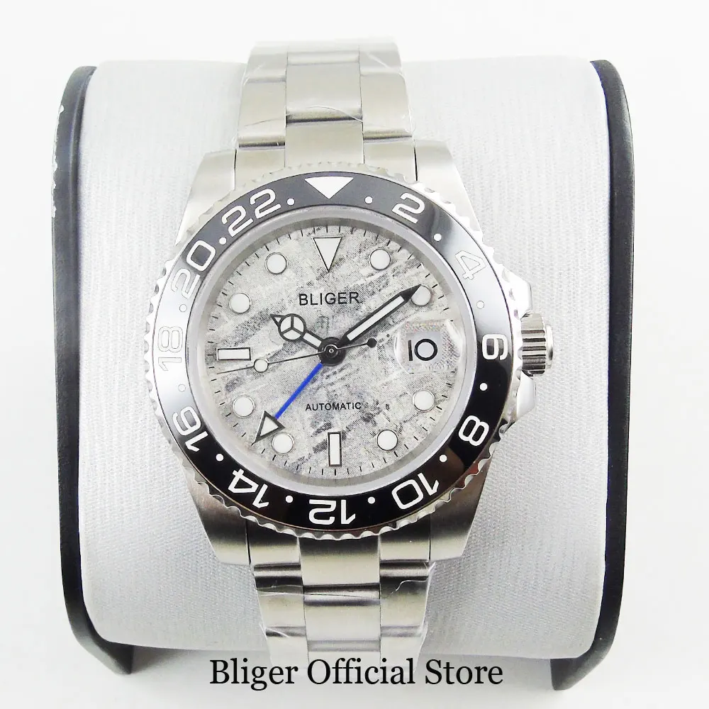 BLIGER 40 мм Серый Циферблат синий GMT ручные Autoamtic наручные часы сапфировое стекло
