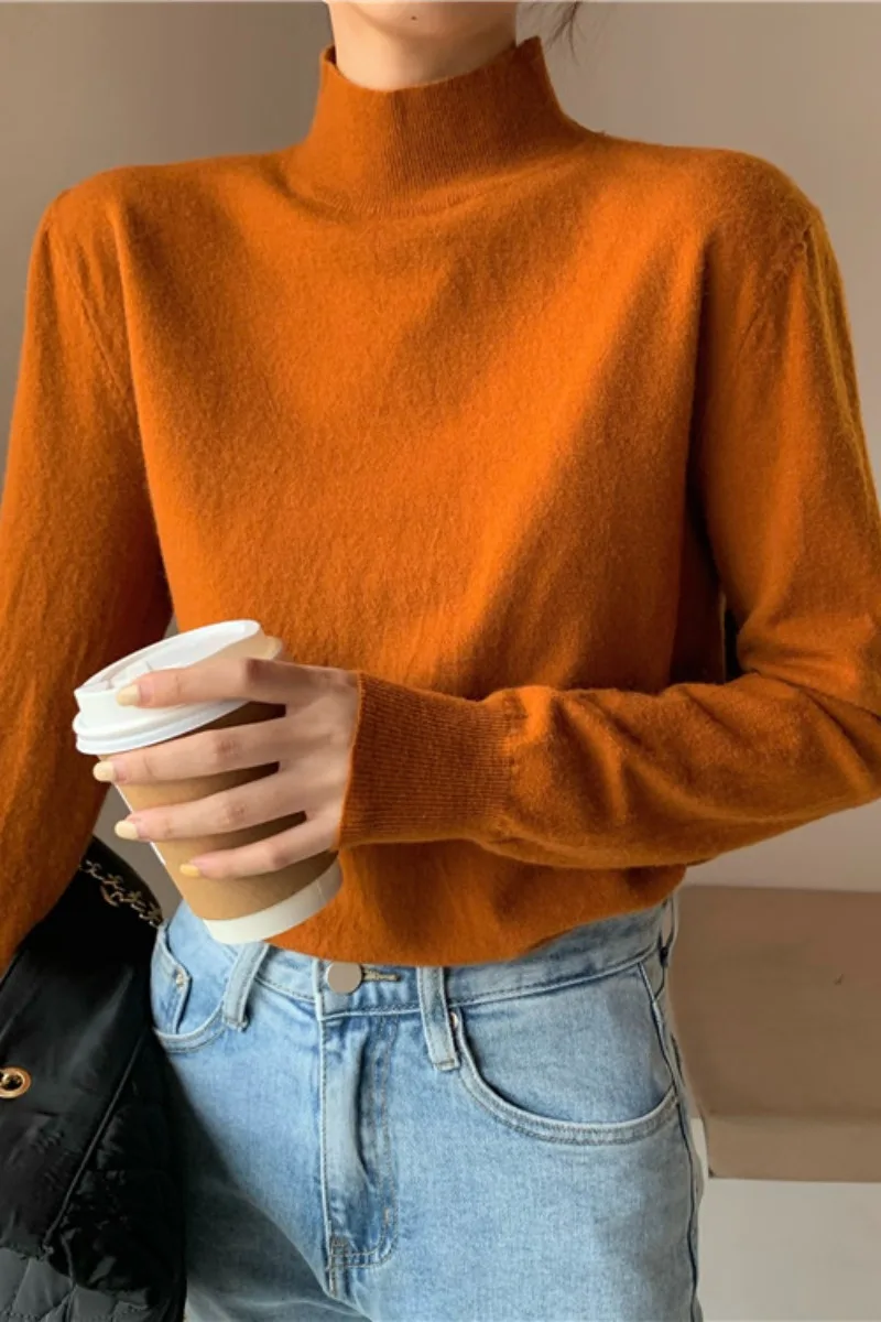 

Autumn Winter Chic All Match Sweaters Women Fashion Half Turtleneck Long Sleeve Solid Color Knitted Basic Pullovers for Female